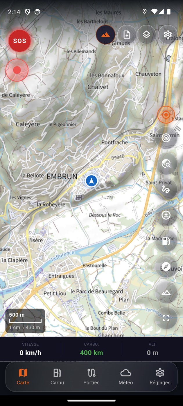 L'application affichant la carte topographique IGN autour d'Embrun, avec le bouton SOS et l'échelle de distance.