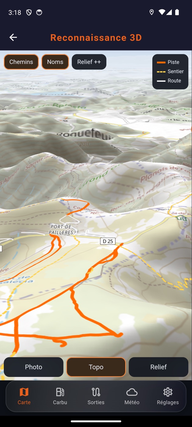 Le même col en fond topographique incliné, avec les courbes de niveau et le relief accentué.