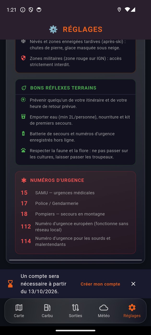 Écran de l'application listant les zones à risque, les bons réflexes de terrain et les numéros d'urgence.